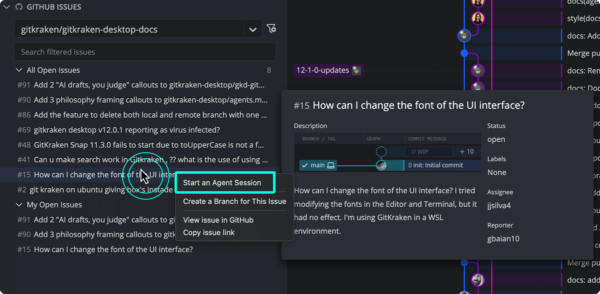 왼쪽 패널 GitHub 이슈 목록에서 이슈를 우클릭해 Start an Agent Session 메뉴를 고르는 화면. 폰트 바꾸는 법 같은 이슈도 이제 에이전트에게 토스 가능