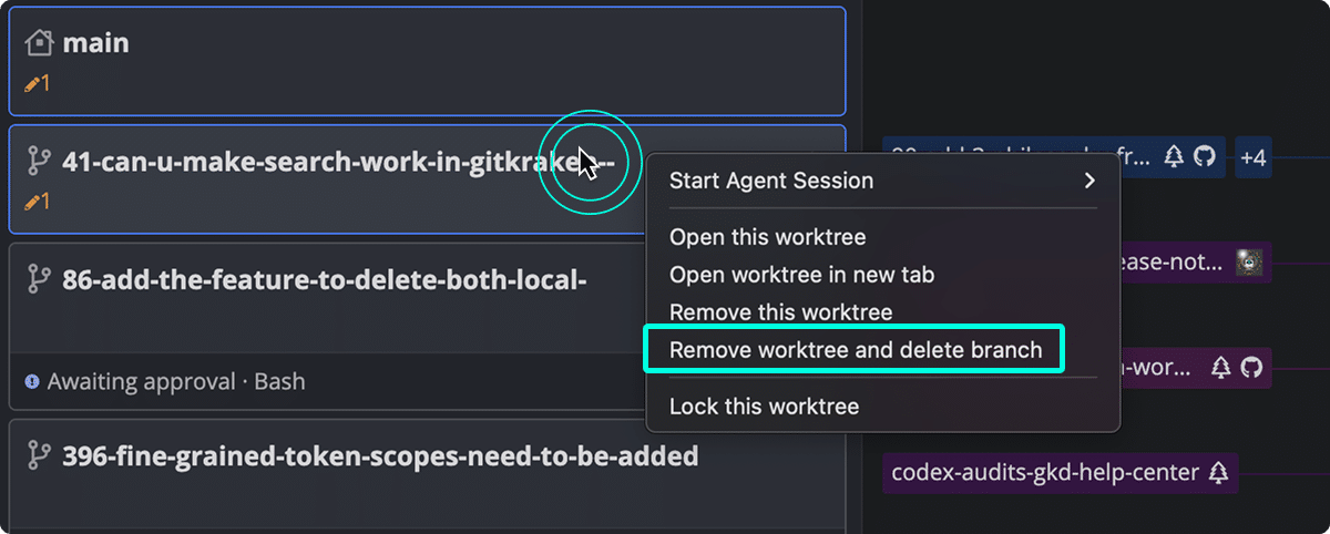 에이전트 세션 패널의 워크트리 우클릭 메뉴에서 Remove worktree and delete branch 항목이 강조된 화면. 다 쓴 워크트리는 브랜치까지 한 번에 분리수거